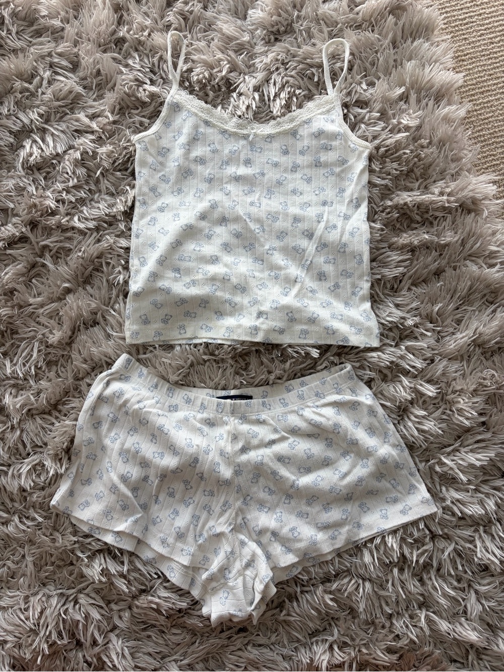 Brandy Melville Cream Cami & Shorts Set with Light Blue Teddy Bear Print